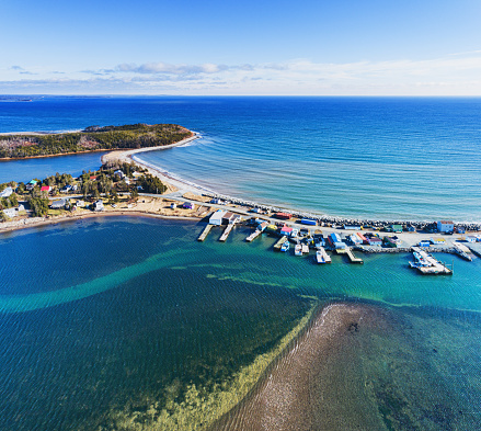 An aerial view of Fisherman's Reserve, a narrow peninsula on the Atlantic coast.