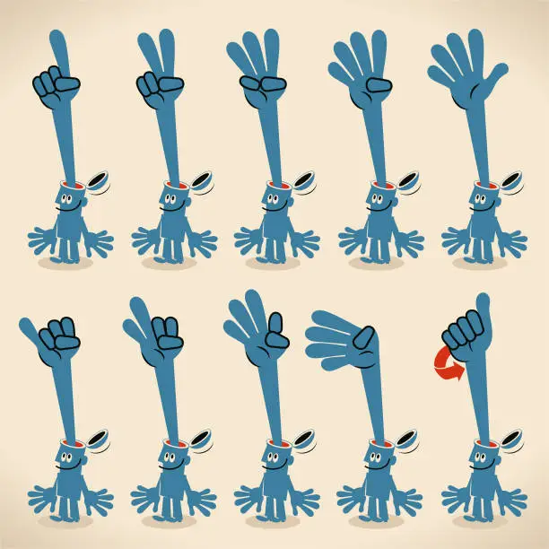 Vector illustration of Blue man's head opening and a hand stretching out counting on his fingers (numbers 1-10) in British Sign Language