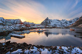 Beautiful Reine fishing village in Lofoten Islands in Winter, Norway