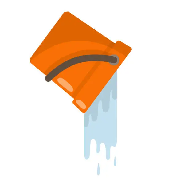 Vector illustration of Orange bucket of water. Splash and splatter. Liquid pours out. Cartoon flat illustration. Cleaning the house