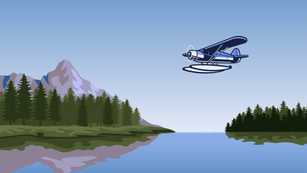 seaplane flying over the beautiful lake vector of seaplane flying over the beautiful lake airplane commercial airplane propeller airplane aerospace industry stock illustrations