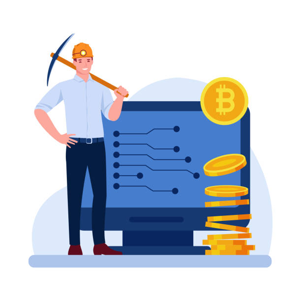 A male miner in a miner's helmet with a pickaxe. Stack of bitcoin coins. Computer monitor. Vector concept in flat cartoon style. A male miner in a miner's helmet with a pickaxe. Stack of bitcoin coins. Computer monitor. Vector concept in flat cartoon. cryptocurrency mining stock illustrations