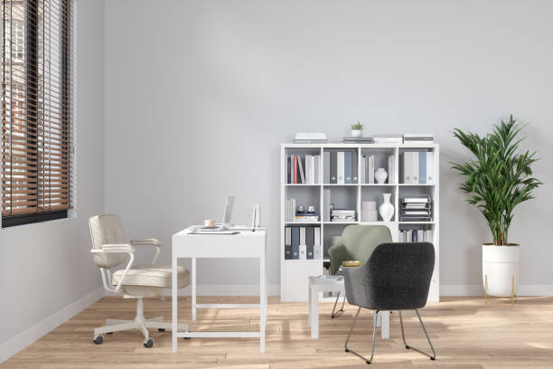masa, ofis sandalyesi, koltuklar ve saksı bitki ile modern ofis veya doktor ofisi i̇ç. - office bookshelf stok fotoğraflar ve resimler