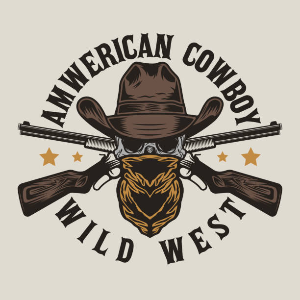 dziki zachód bandyta czaszka z kowbojskim kapeluszem i pistoletami - cowboy hat wild west hat wood stock illustrations
