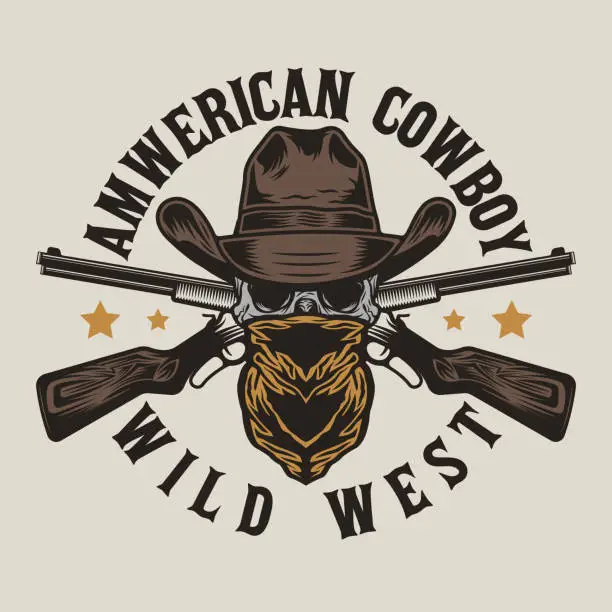 Vector illustration of Wild west bandit skull with cowboy hat and guns