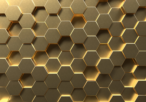 Golden hexagon honeycomb movement background. Gold abstract art and geometric concept. 3D illustration rendering graphic design