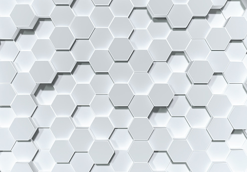 White hexagon honeycomb shape moving up down randomly. Abstract modern design background concept. Top view. 3D illustration rendering