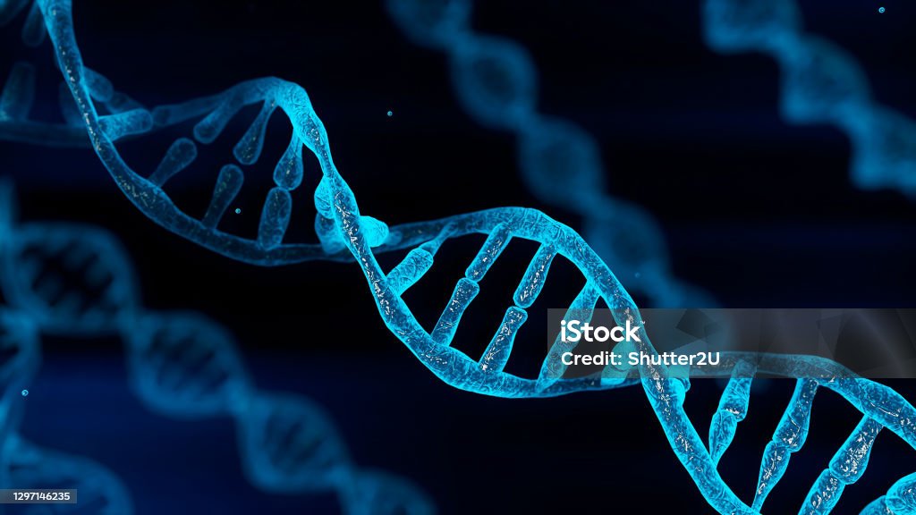 Blue chromosome DNA and gradually glowing flicker light matter chemical when camera moving closeup. Medical and Heredity genetic health concept. Technology science. 3D illustration rendering DNA Stock Photo