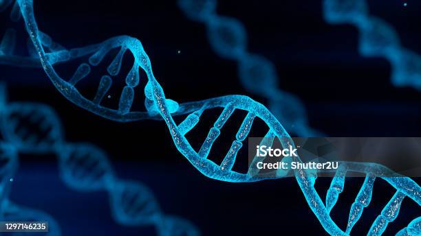 Blue Chromosome Dna And Gradually Glowing Flicker Light Matter Chemical When Camera Moving Closeup Medical And Heredity Genetic Health Concept Technology Science 3d Illustration Rendering Stock Photo - Download Image Now