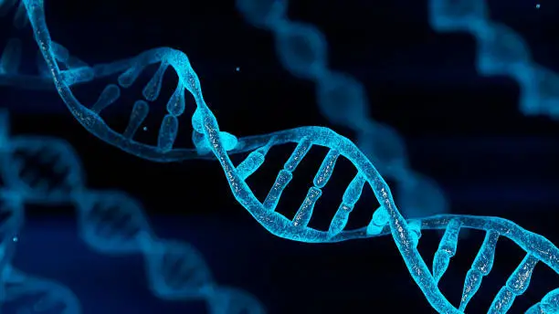 Photo of Blue chromosome DNA and gradually glowing flicker light matter chemical when camera moving closeup. Medical and Heredity genetic health concept. Technology science. 3D illustration rendering