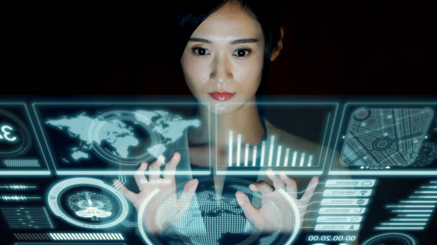 istock Asian woman using hologram control panel. Futuristic business. Science technology. System engineer. 1297147885
