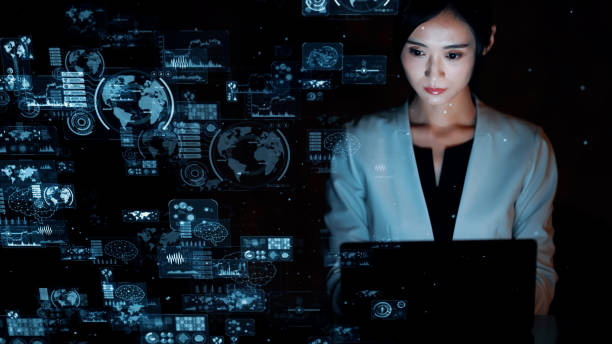 istock Young asian woman watching hologram screens. Digital transforamtion. GUI (Graphical User Interface). 1297148025