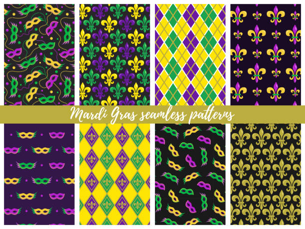 Set of Mardi Gras seamless patterns;  vector backgrounds for wrapping paper, packaging, fabric, textile, etc. Set of Mardi Gras seamless patterns;  vector backgrounds. new orleans mardi gras stock illustrations