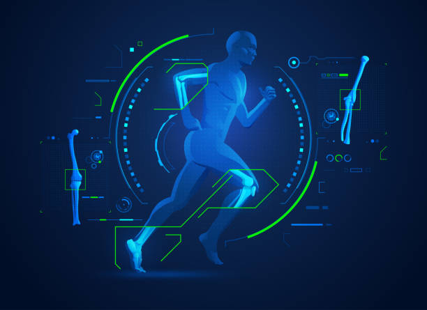 orthopedic concept of orthopedic technology or bones and joints medical treatment, graphic of running man with x-ray interface spinal surgery recovery stock illustrations