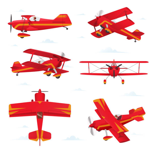 Aerobatic biplane aircraft in different views. Light aircraft illustration Airplane illustration isolated on white background propeller airplane stock illustrations
