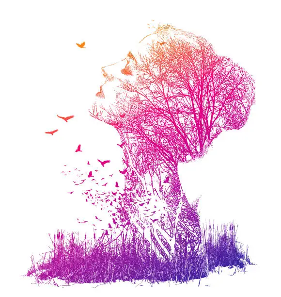 Vector illustration of Multiple exposure of woman, trees and birds