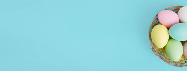 istock Easter eggs on blue pastel background. Banner with colorful easter eggs in nest. Easter greeting card or web border with copy space 1297150689