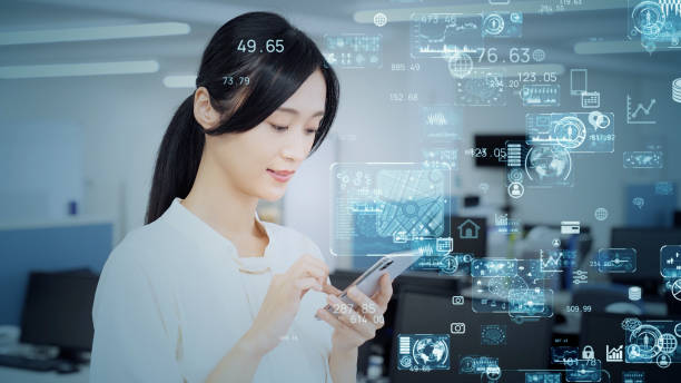 istock Communication network concept. Young asian woman in the office. 1297151811
