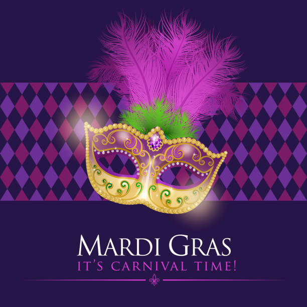 Mardi Gras Carnival Time An invitation to the masquerade party for the Mardi Gras with feather carnival mask on the purple colored diamond shaped pattern mardi gras stock illustrations
