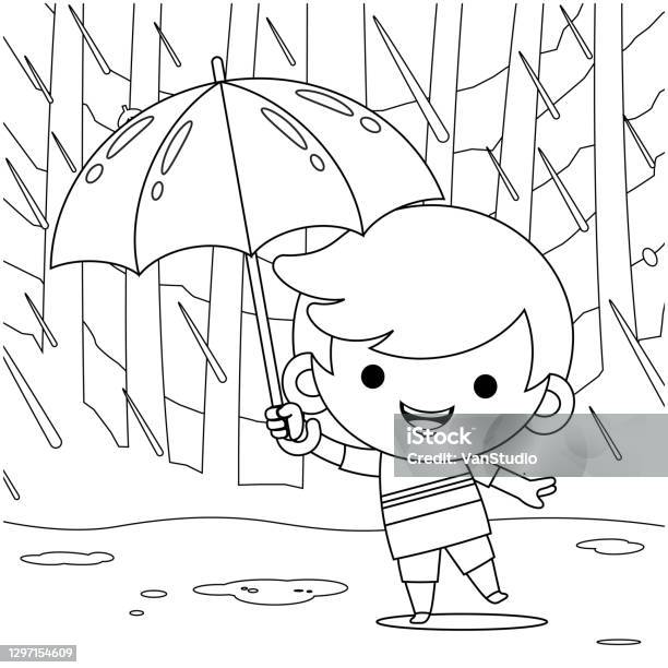  Ilustración de Libro Para Colorear Para Niños Vector Dibujos Animados Lindo Niño Escondido Bajo El Paraguas Durante El Clima De Lluvia y más Vectores Libres de Derechos de Agua
