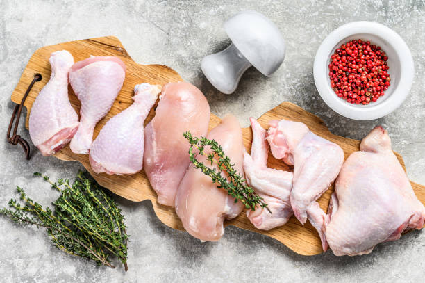 istock Different types of raw chicken meat, poultry. Gray background. Top view 1297156990