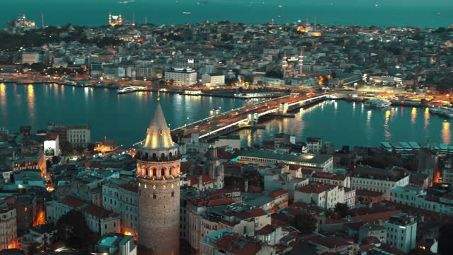 Aerial View of Galata Tower and Galata Bridge Istanbul at Night - 4K Drone Footage