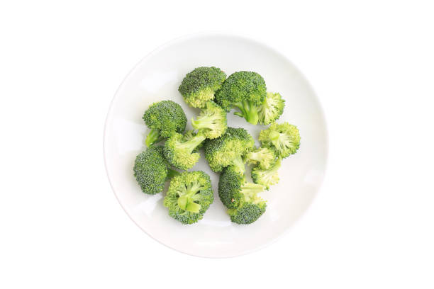 istock Fresh green broccoli in white circle plate isolated on white background. 1297157185