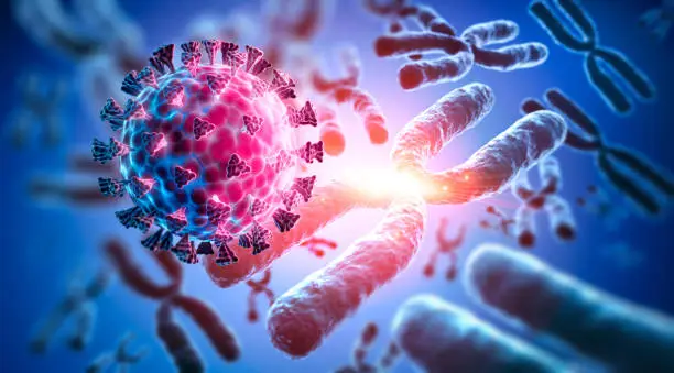 Corona Virus mutation with chromosome - covid-19 illustration with dark blue cell background