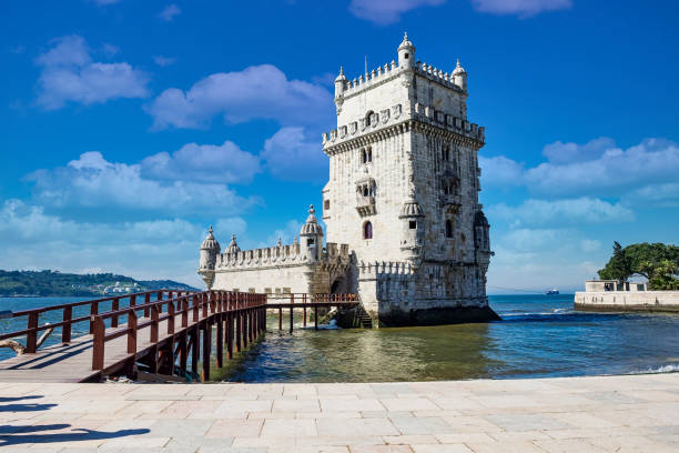 Belem Tower is a fortified tower located in the civil parish of Santa Maria de Belem in Lisbon, Portugal stock photo