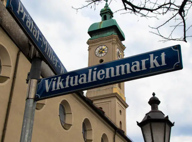 Street sign of famous Viktualienmarkt and in the background Holy Spirit Church, Munich, Bavaria, Germany