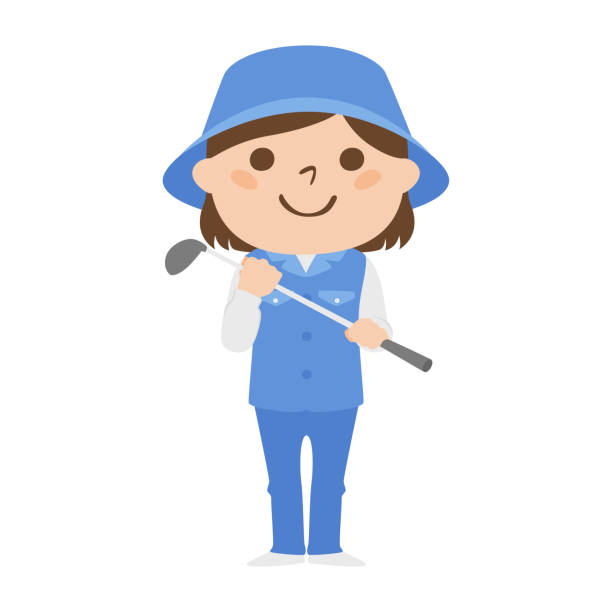 ilustraciones, imágenes clip art, dibujos animados e iconos de stock de ilustración de un caddy hembra trabajando en un campo de golf. una joven de pie con un palo de golf. - caddy