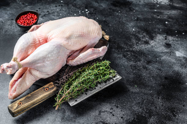 istock Raw whole goose, poultry meat. Black background. Top view. Space for text 1297164619