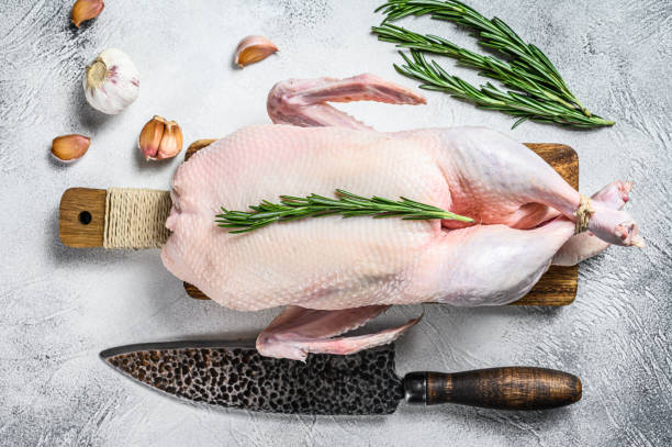 istock Raw whole goose, poultry meat. Black background. Top view 1297164639