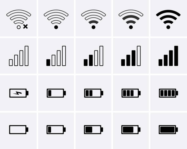 Phone bar status Icons, battery Icon, wifi signal strength. Phone bar status Icons, battery Icon, wifi signal strength. Vector for mobile phone radio wave stock illustrations