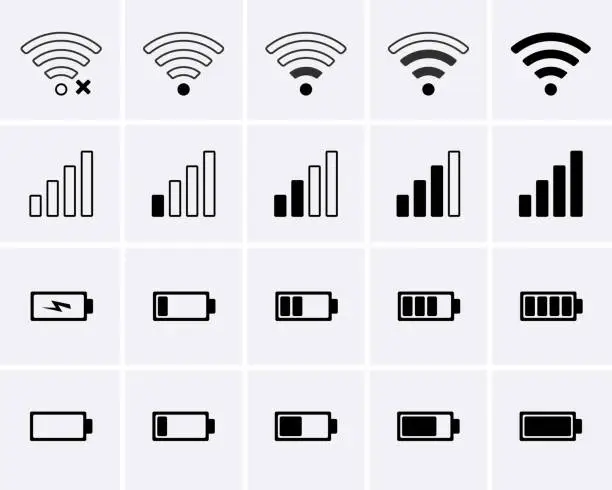 Vector illustration of Phone bar status Icons, battery Icon, wifi signal strength.