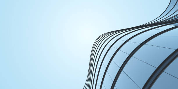 vista ad angolo basso dell'architettura futuristica, grattacielo di edificio per uffici con finestra in vetro curva, rendering 3d. - glass facade copy space skyscraper foto e immagini stock