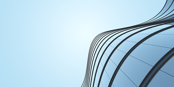 istock Low angle view of futuristic architecture, Skyscraper of office building with curve glass window, 3D rendering. 1297165497