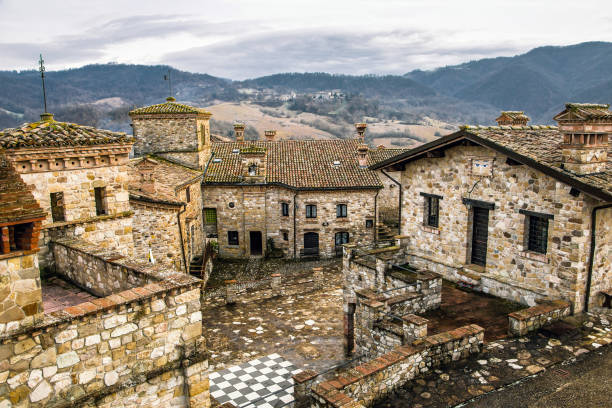 Scenic view of italian village Votigno with brick houses, Canossa, Emilia Romagna, Italy