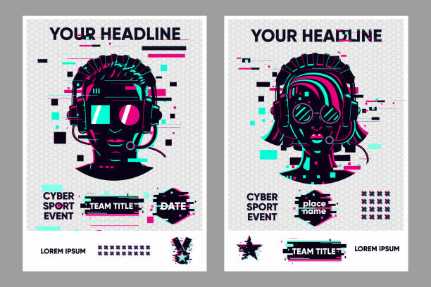 ilustrações de stock, clip art, desenhos animados e ícones de video game posters set. gamer competition banners template. glitch style graphic with people. vector flyer template for cyber battle. - medal star shape war award