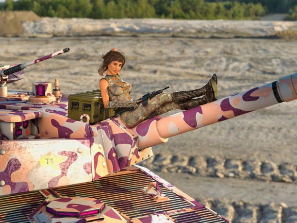 3D Photo of a Young Woman Resting on Top of a Tank stock photo