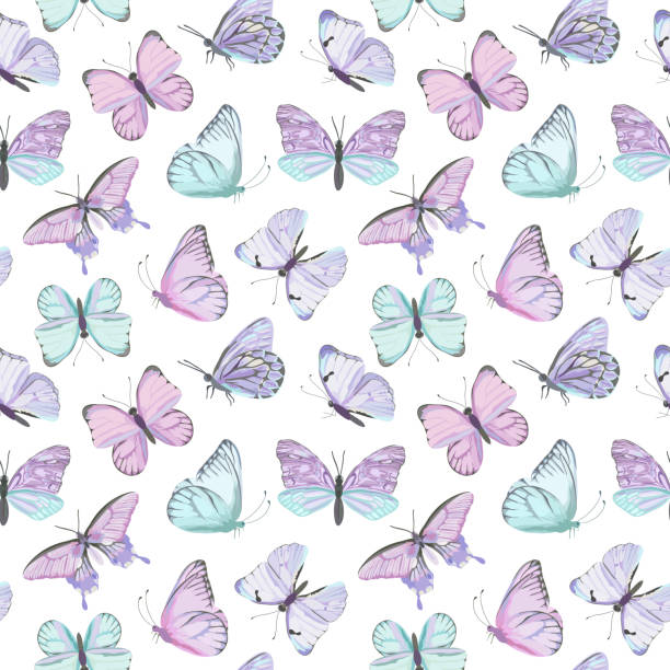 ilustrações de stock, clip art, desenhos animados e ícones de seamless vector butterfly watercolor pattern. vintage flying insect summer background. colorful texture, wrapping paper, rustic wallpaper, nature backdrop textile - butterfly backgrounds seamless pattern