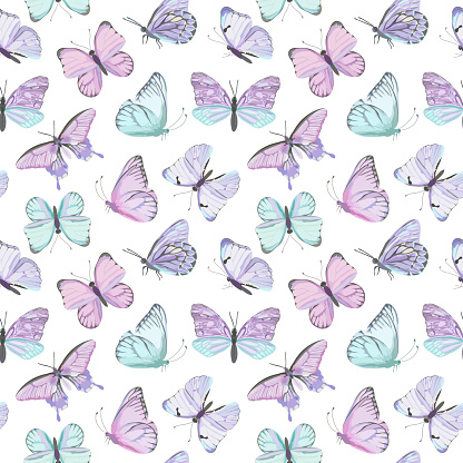 Seamless vector butterfly watercolor pattern. Vintage flying insect summer background. Colorful texture, wrapping paper, rustic wallpaper, nature backdrop textile