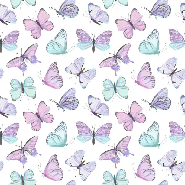 Vector illustration of Seamless vector butterfly watercolor pattern. Vintage flying insect summer background. Colorful texture, wrapping paper, rustic wallpaper, nature backdrop textile