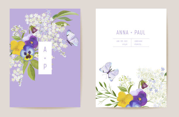 Wedding violet pansy floral Save the Date set. Vector spring flower boho invitation card. Watercolor template frame, foliage cover, modern background design Wedding violet pansy floral Save the Date set. Vector spring flower boho invitation card. Watercolor template frame, foliage cover, modern background design pansy stock illustrations