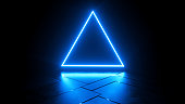 Abstract neon background, blue glowing triangle frame, dark space, ultraviolet light