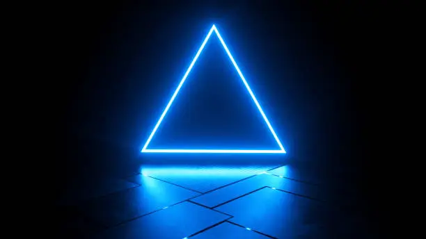 Abstract neon background, blue glowing triangle frame, dark space, ultraviolet light. 3D visualization, 3D illustration