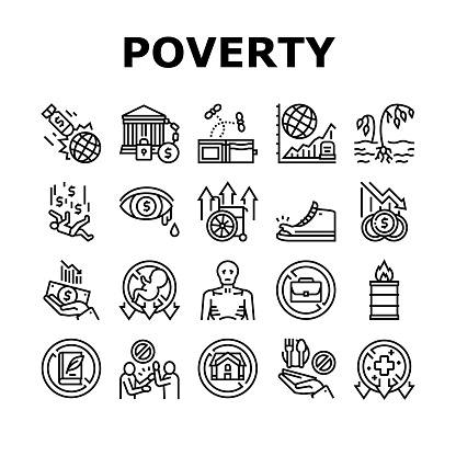 Poverty Destitution Collection Icons Set Vector. Lost Job And House, Miscarriage And Illness, Hunger And Drought Poverty Problem Black Contour Illustrations