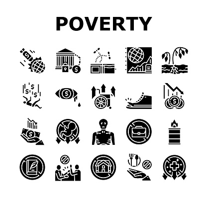 Poverty Destitution Collection Icons Set Vector. Lost Job And House, Miscarriage And Illness, Hunger And Drought Poverty Problem Glyph Pictograms Black Illustrations