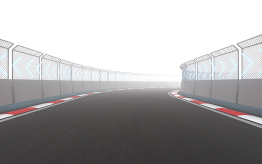 View of the infinity empty asphalt international race track, 3d rendering. Computer digital drawing.