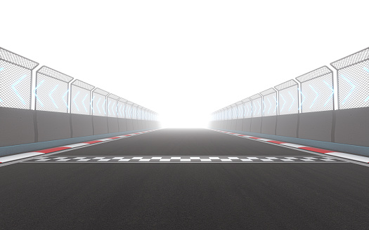 View of the infinity empty asphalt international race track, 3d rendering. Computer digital drawing.